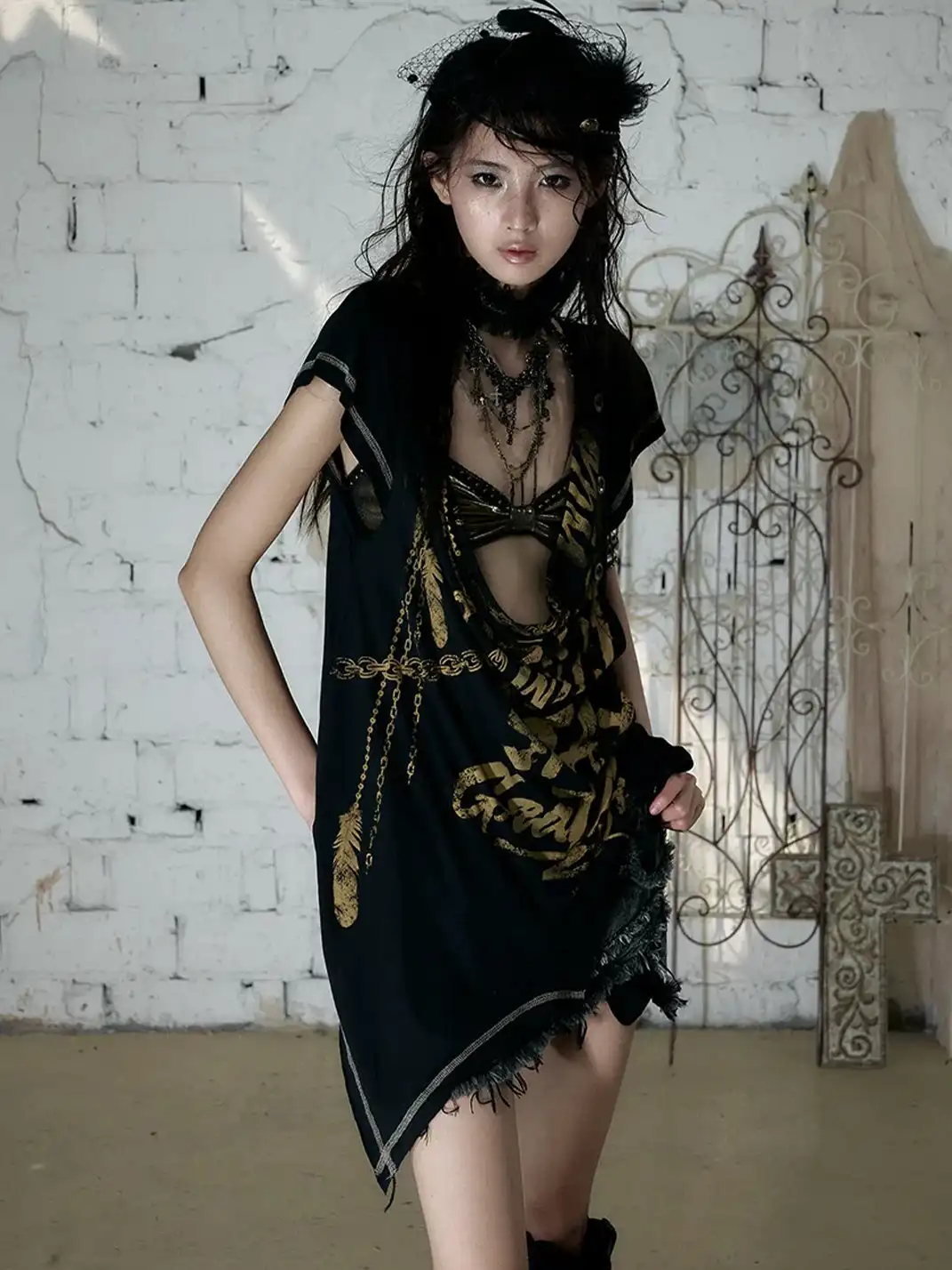 NO ROMANCE | Punk Printed Deep V Irregular Cowl Neck T-Shirt