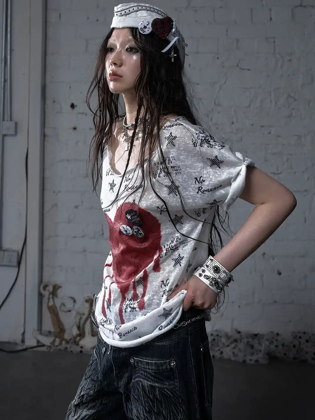 NO ROMANCE | Vintage Printed Wide Neck Loose T-Shirt
