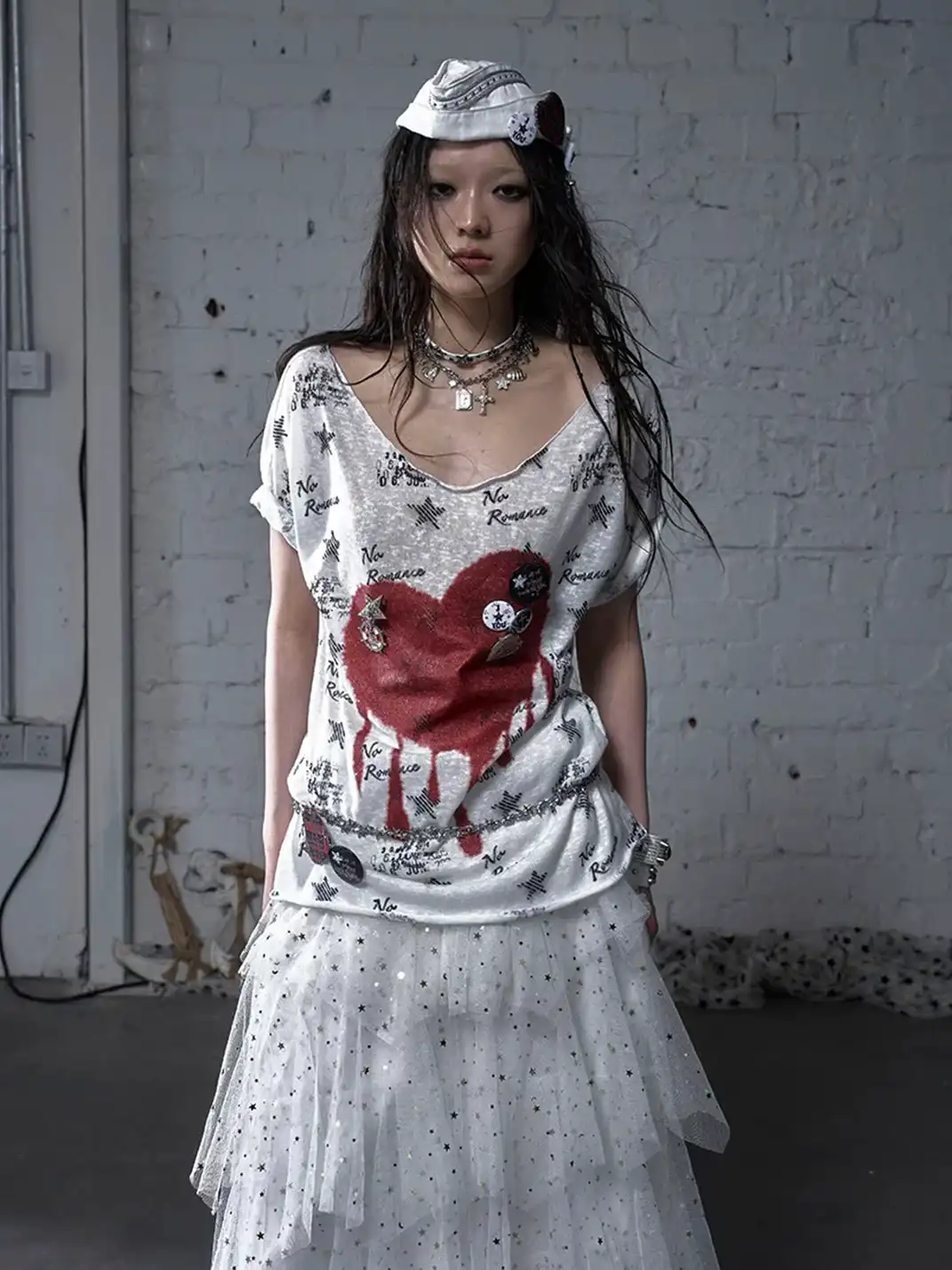 NO ROMANCE | Vintage Printed Wide Neck Loose T-Shirt