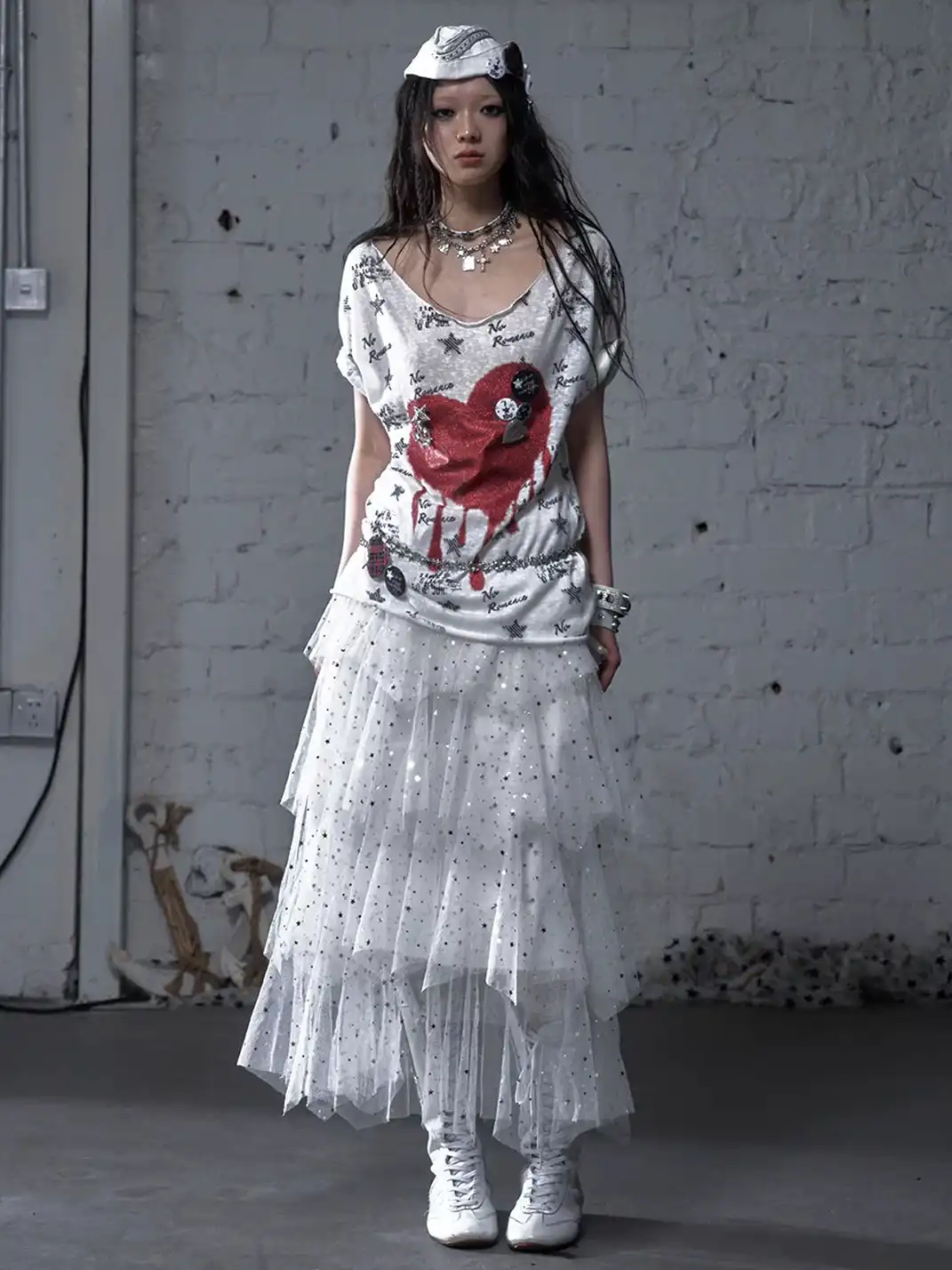 NO ROMANCE | Vintage Printed Wide Neck Loose T-Shirt