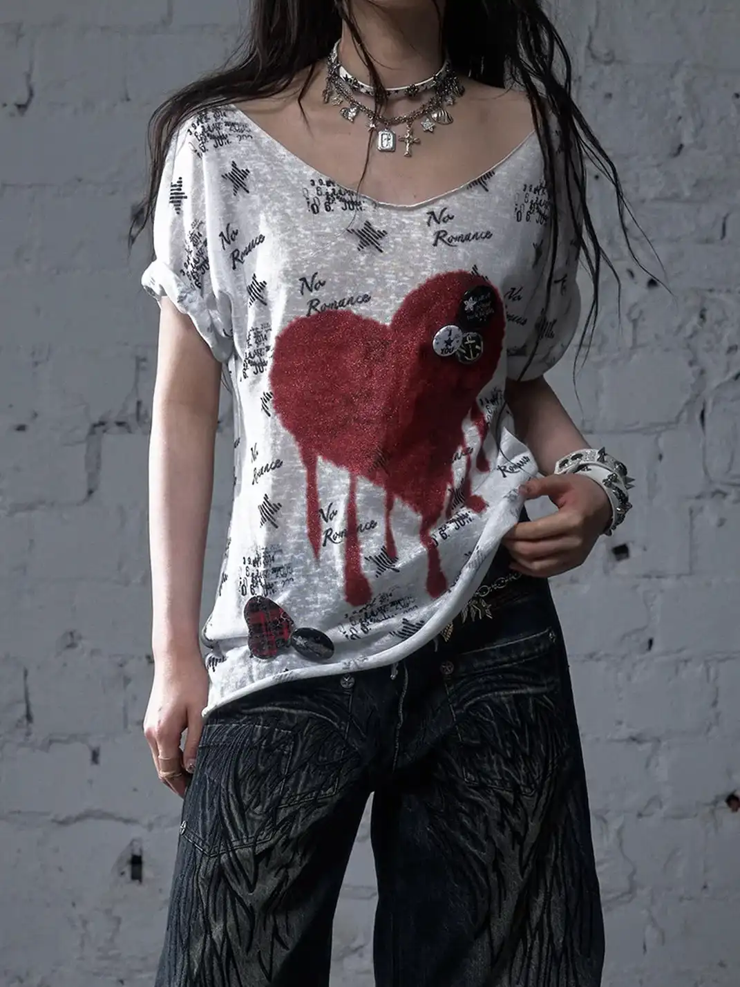 NO ROMANCE | Vintage Printed Wide Neck Loose T-Shirt