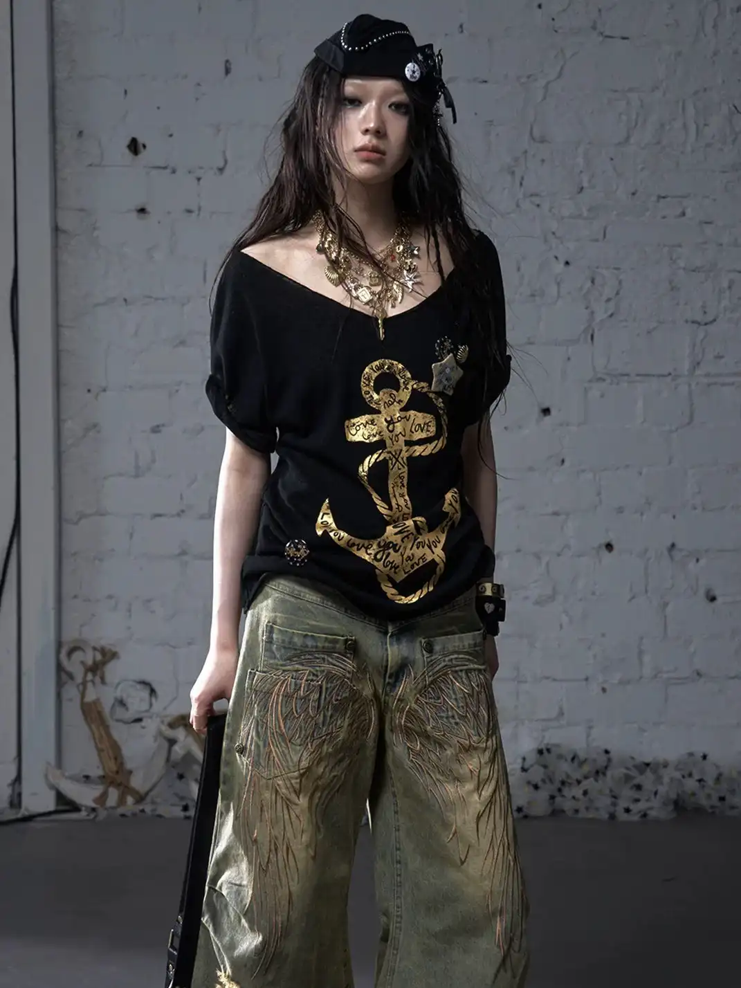NO ROMANCE | Vintage Printed Wide Neck Loose T-Shirt