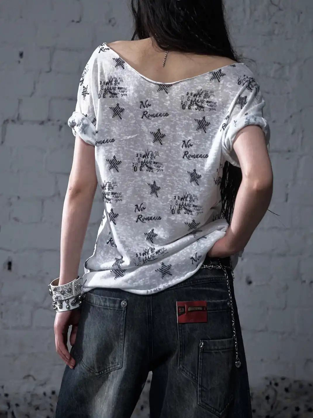 NO ROMANCE | Vintage Printed Wide Neck Loose T-Shirt