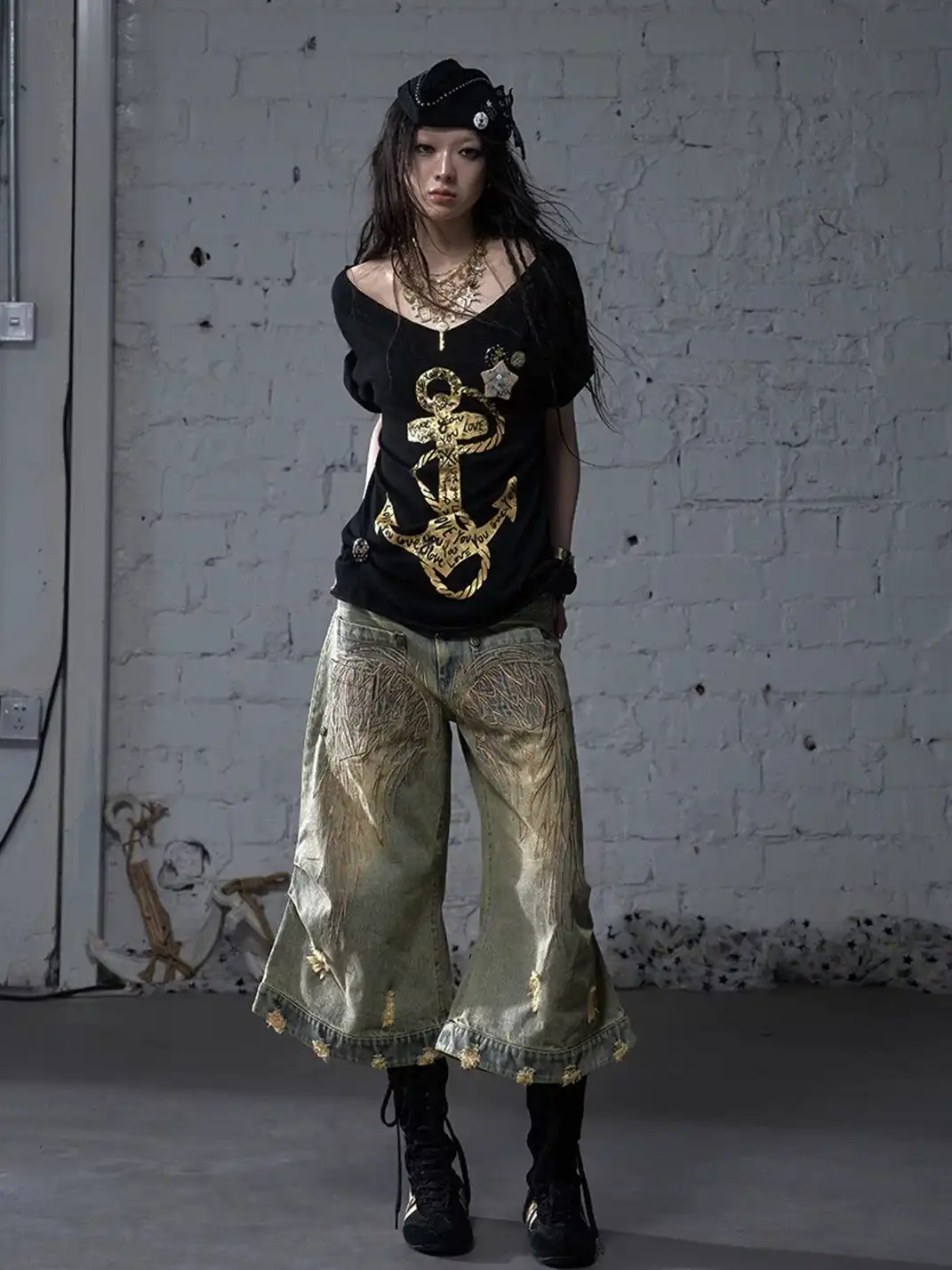 NO ROMANCE | Vintage Printed Wide Neck Loose T-Shirt