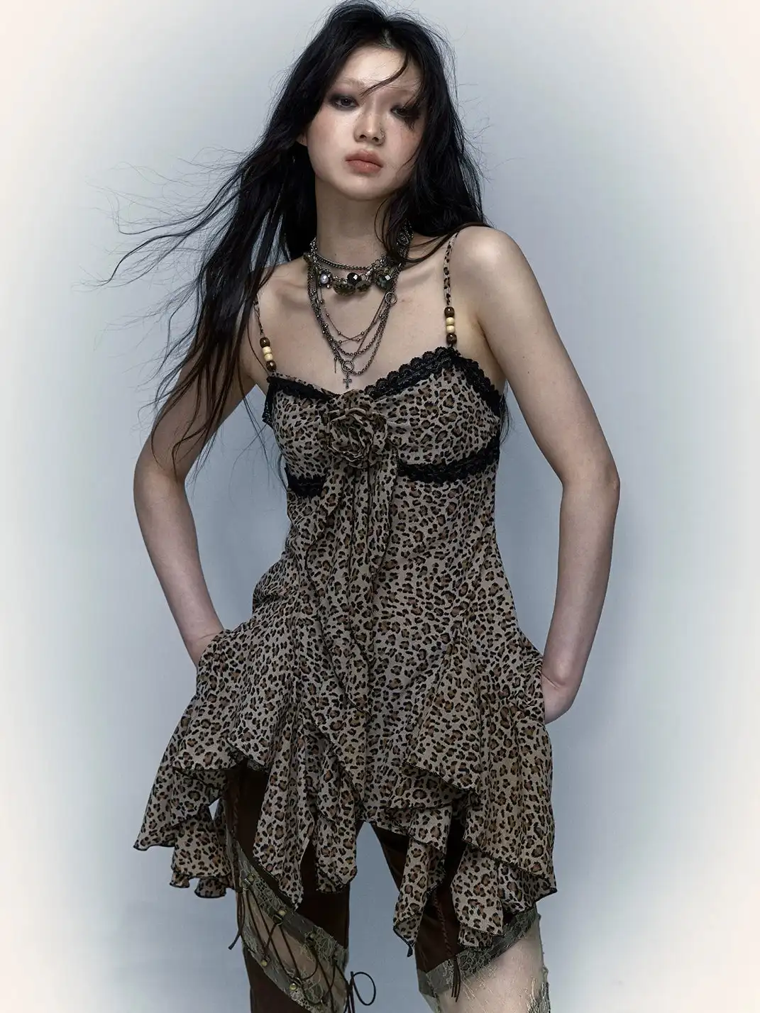 NO ROMANCE | Floral Irregular Leopard Print Slip Dress