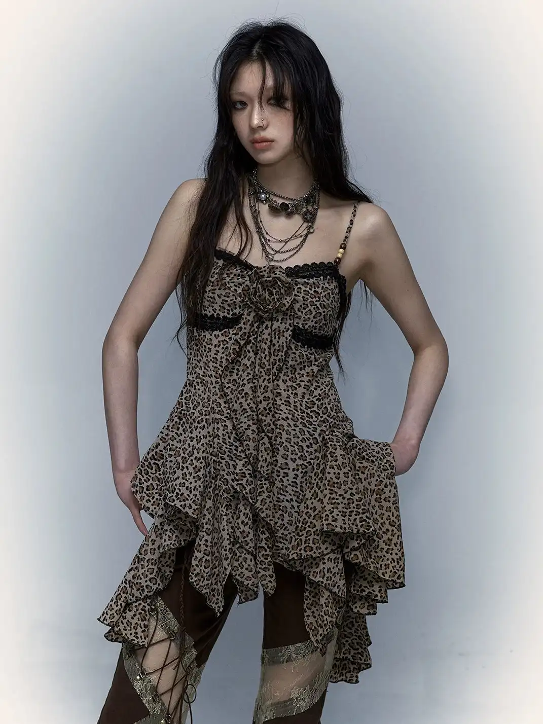 NO ROMANCE | Floral Irregular Leopard Print Slip Dress