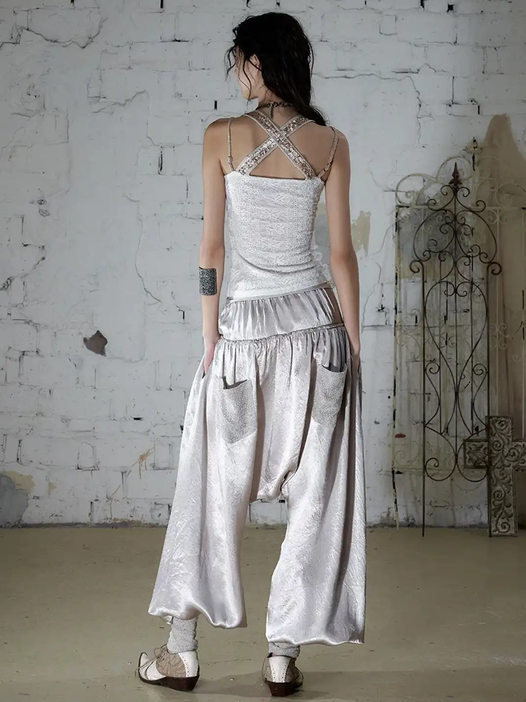 NO ROMANCE | Lantern Balloon Pants Lace Cuffed Acetate Trousers