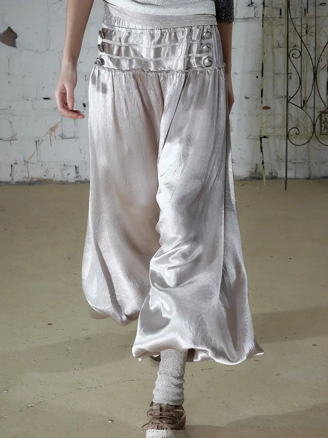 NO ROMANCE | Lantern Balloon Pants Lace Cuffed Acetate Trousers