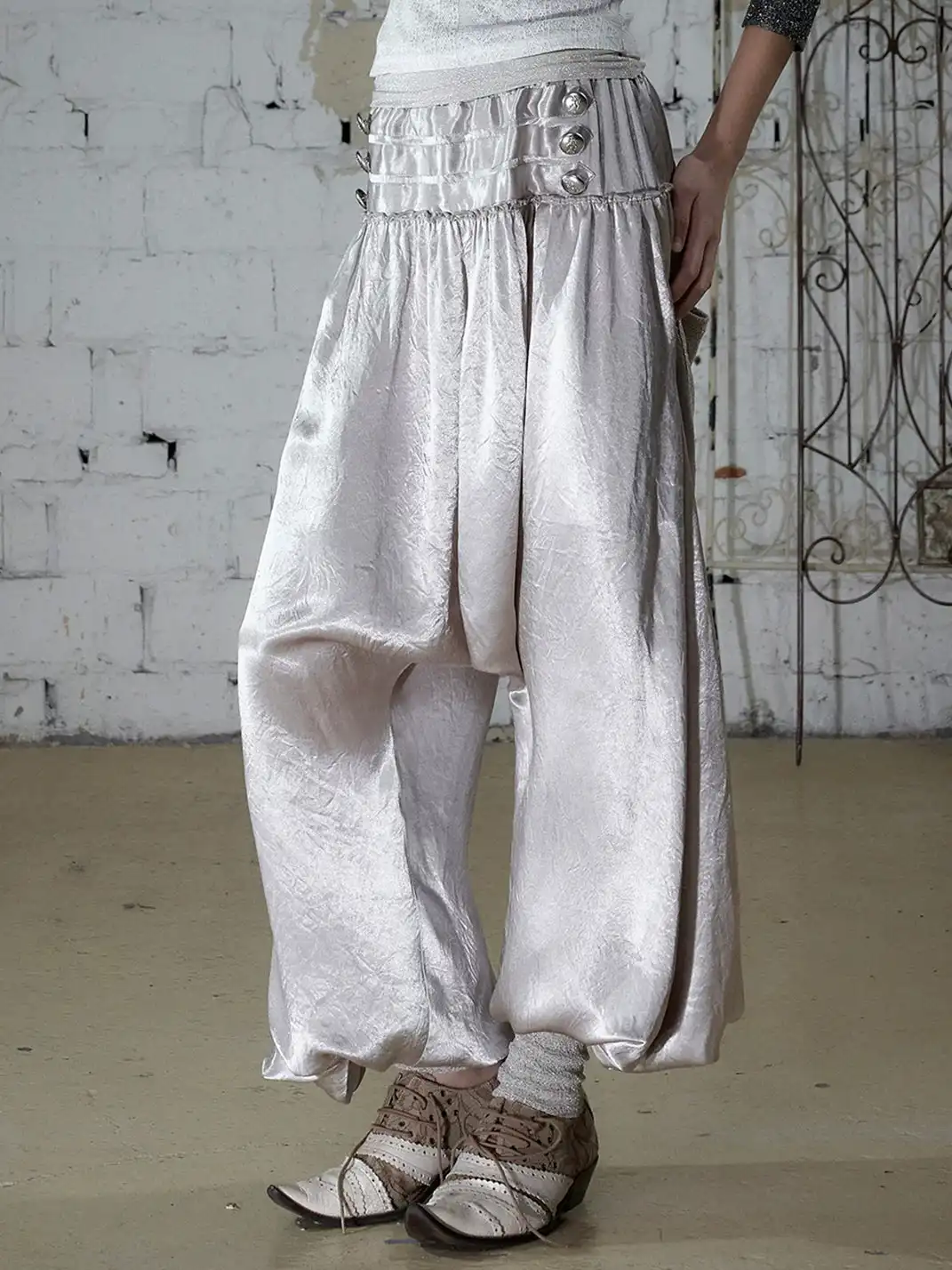 NO ROMANCE | Lantern Balloon Pants Lace Cuffed Acetate Trousers