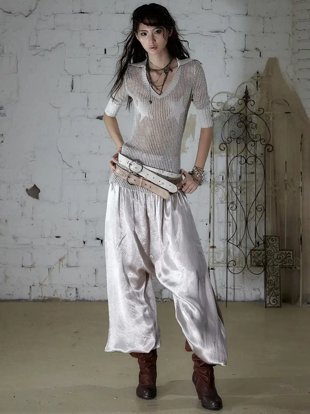 NO ROMANCE | Lantern Balloon Pants Lace Cuffed Acetate Trousers