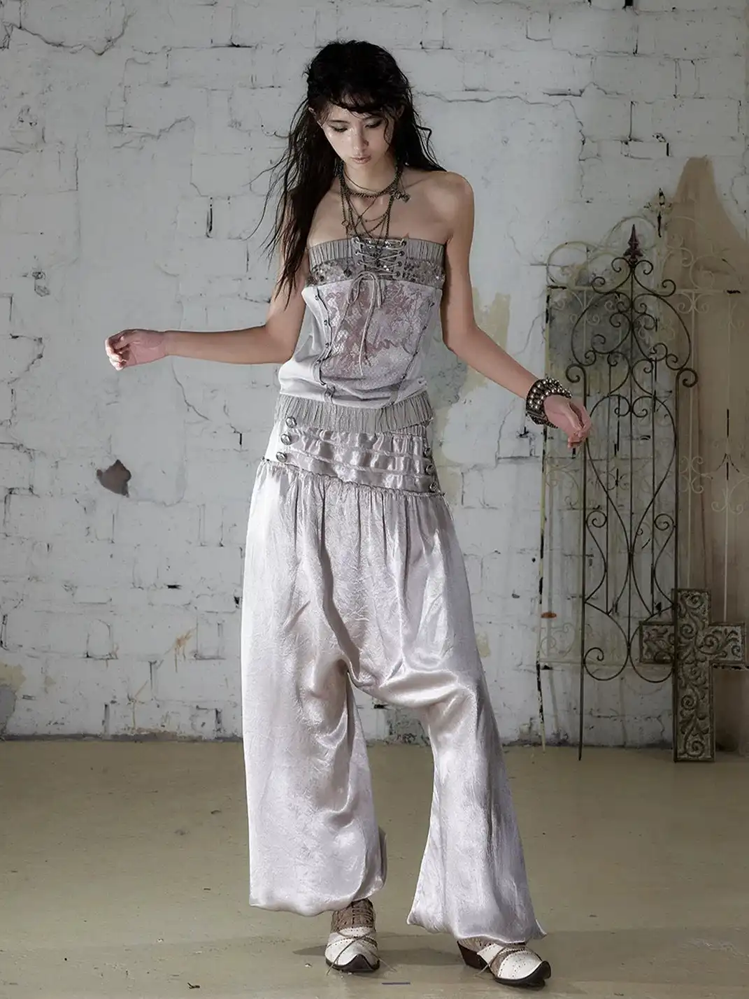 NO ROMANCE | Lantern Balloon Pants Lace Cuffed Acetate Trousers