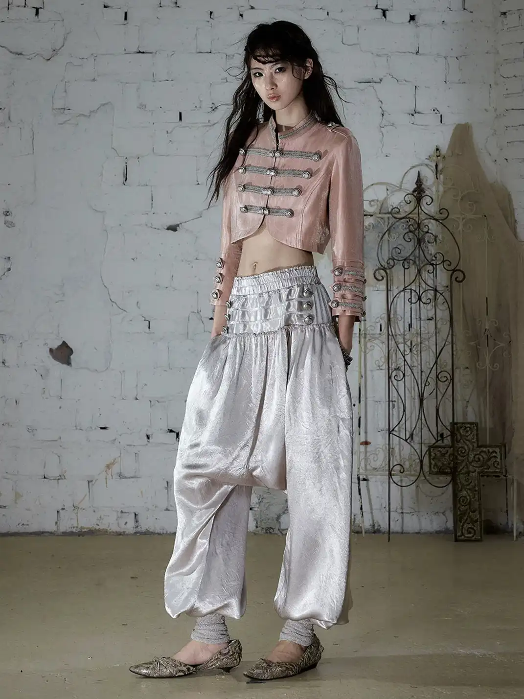 NO ROMANCE | Lantern Balloon Pants Lace Cuffed Acetate Trousers