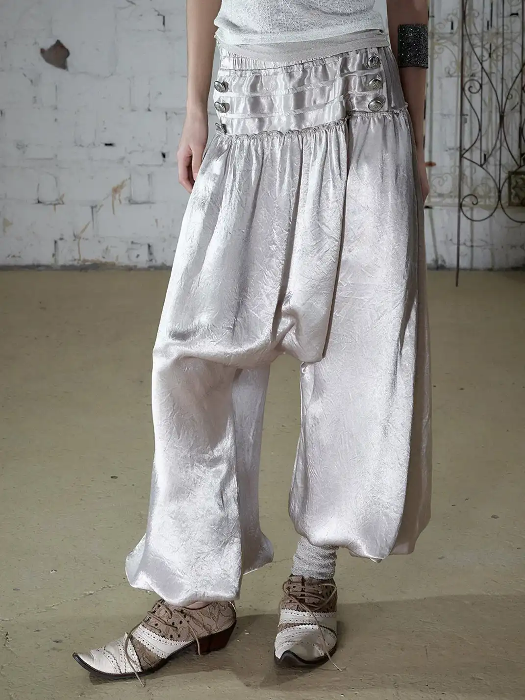 NO ROMANCE | Lantern Balloon Pants Lace Cuffed Acetate Trousers