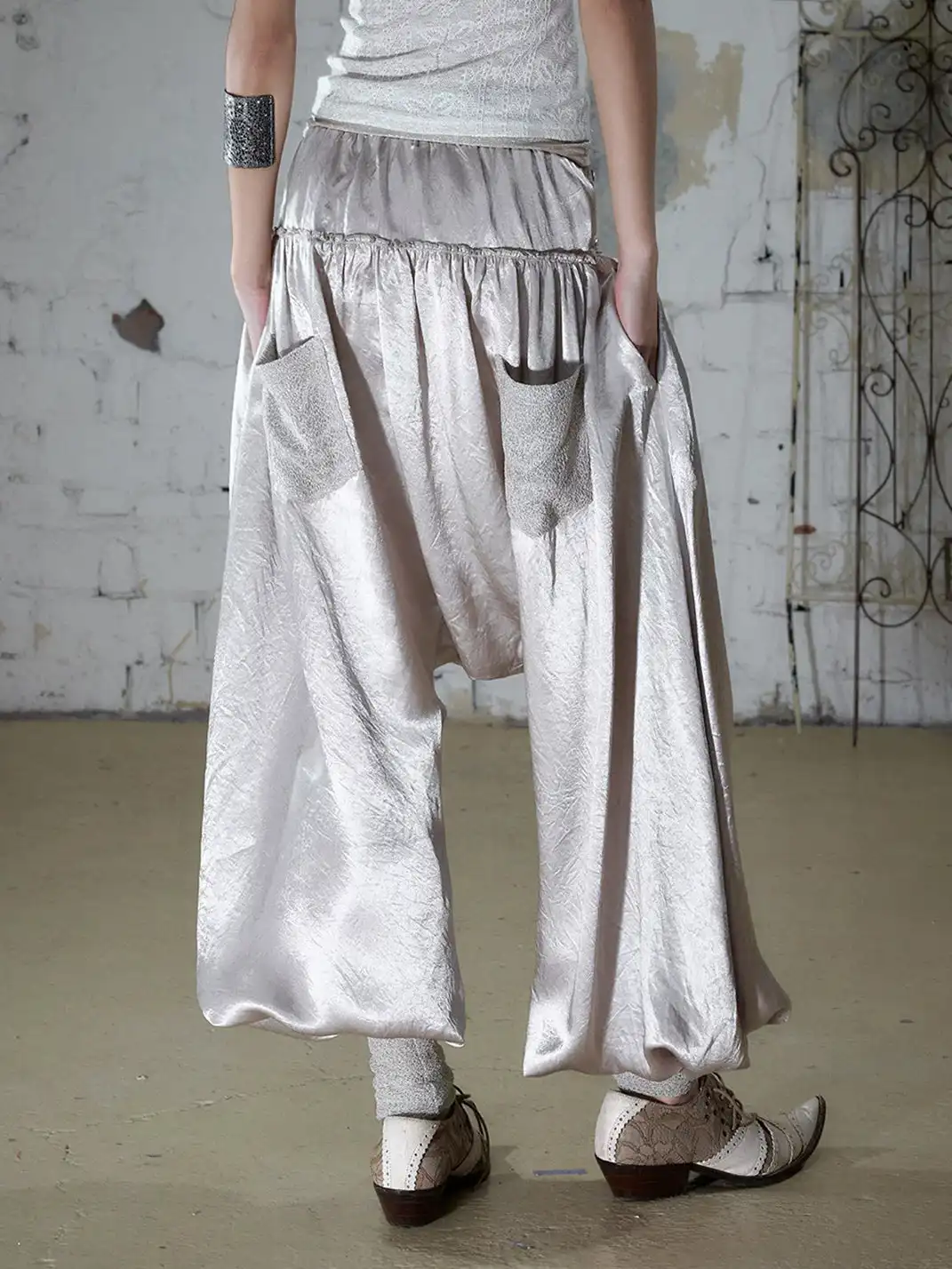 NO ROMANCE | Lantern Balloon Pants Lace Cuffed Acetate Trousers