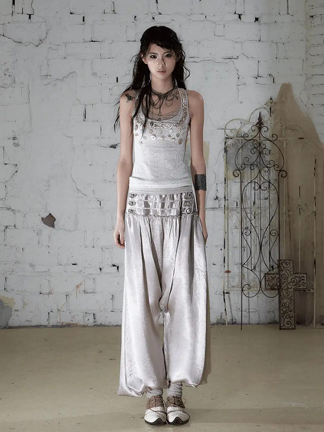 NO ROMANCE | Lantern Balloon Pants Lace Cuffed Acetate Trousers