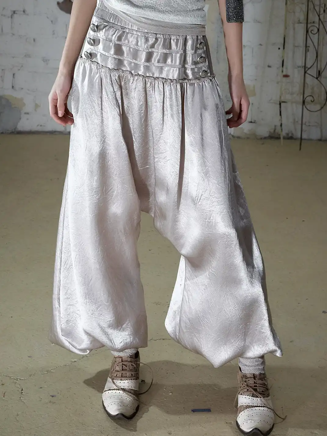 NO ROMANCE | Lantern Balloon Pants Lace Cuffed Acetate Trousers