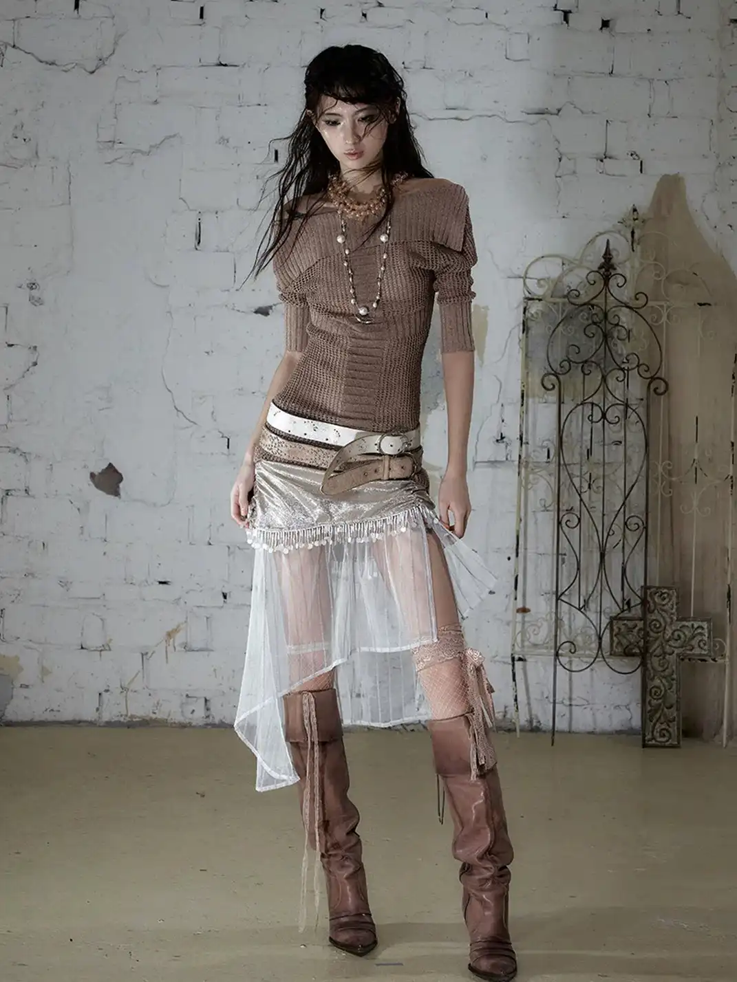 NO ROMANCE | Satin Tassel Mesh Asymmetric Fake Two-Piece Skirt