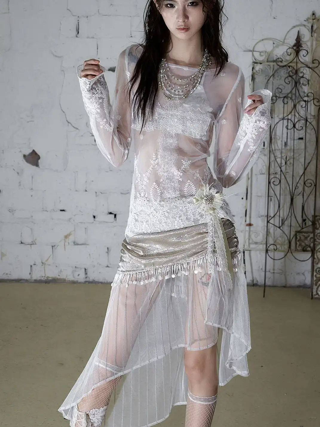 NO ROMANCE | Satin Tassel Mesh Asymmetric Fake Two-Piece Skirt