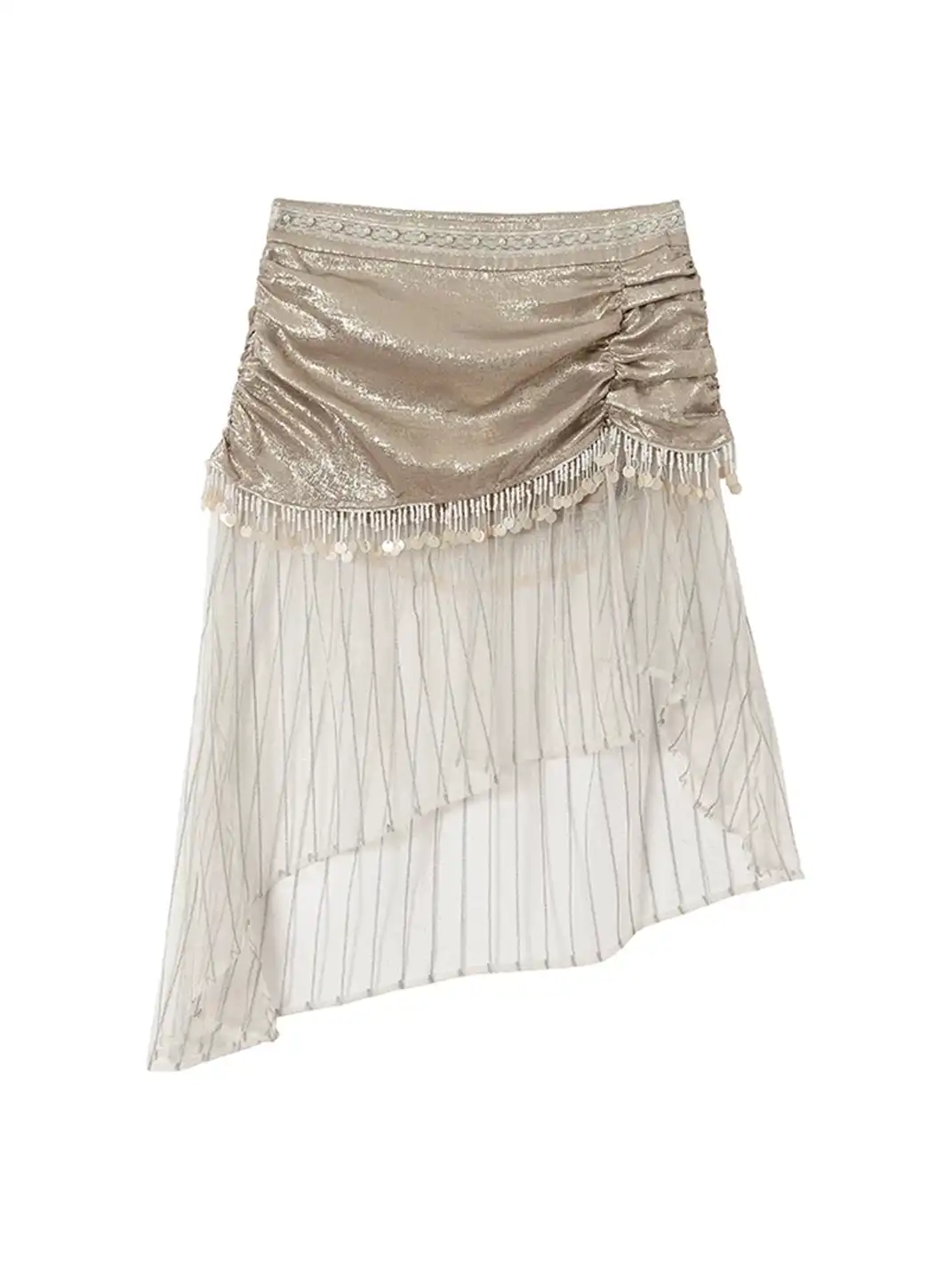 NO ROMANCE | Satin Tassel Mesh Asymmetric Fake Two-Piece Skirt