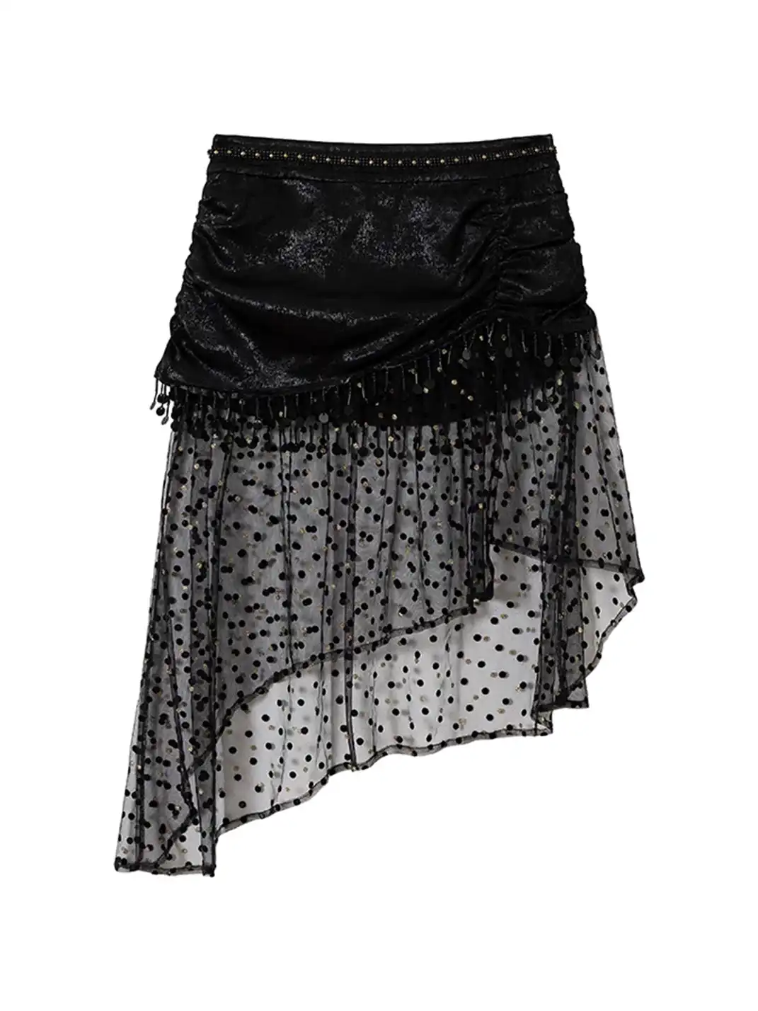 NO ROMANCE | Satin Tassel Mesh Asymmetric Fake Two-Piece Skirt