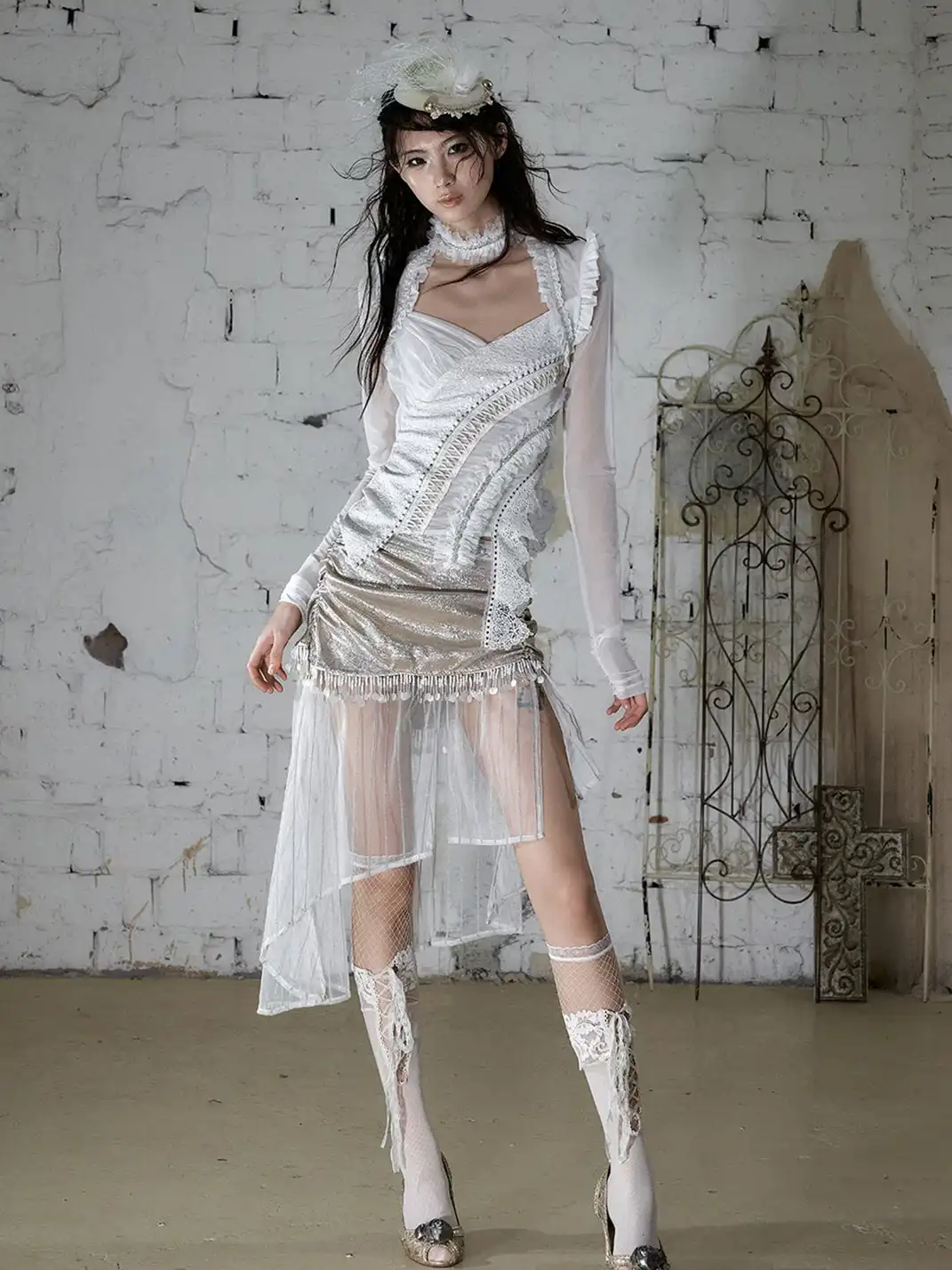 NO ROMANCE | Satin Tassel Mesh Asymmetric Fake Two-Piece Skirt