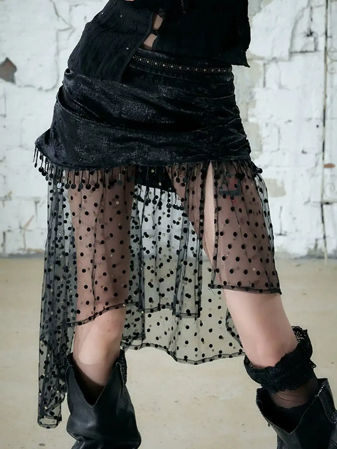 NO ROMANCE | Satin Tassel Mesh Asymmetric Fake Two-Piece Skirt