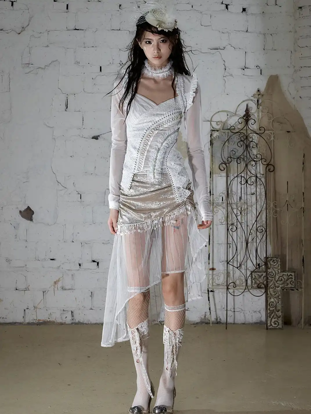 NO ROMANCE | Satin Tassel Mesh Asymmetric Fake Two-Piece Skirt
