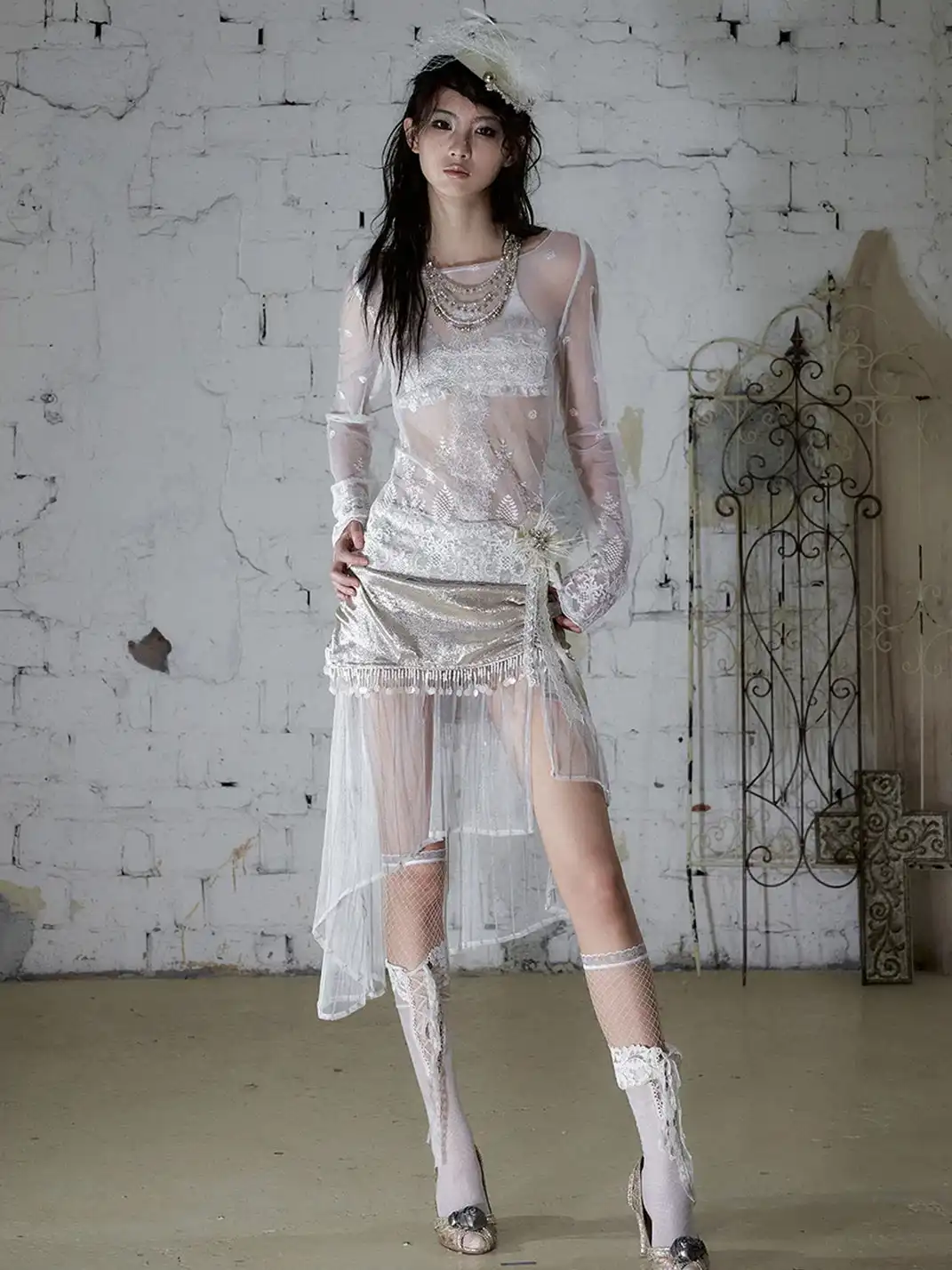 NO ROMANCE | Satin Tassel Mesh Asymmetric Fake Two-Piece Skirt