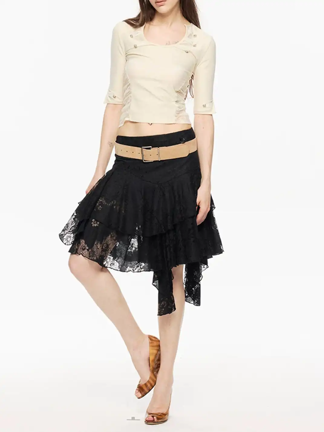 High river | Irregular Ruffle Layered Lace Low-Waist Skirt