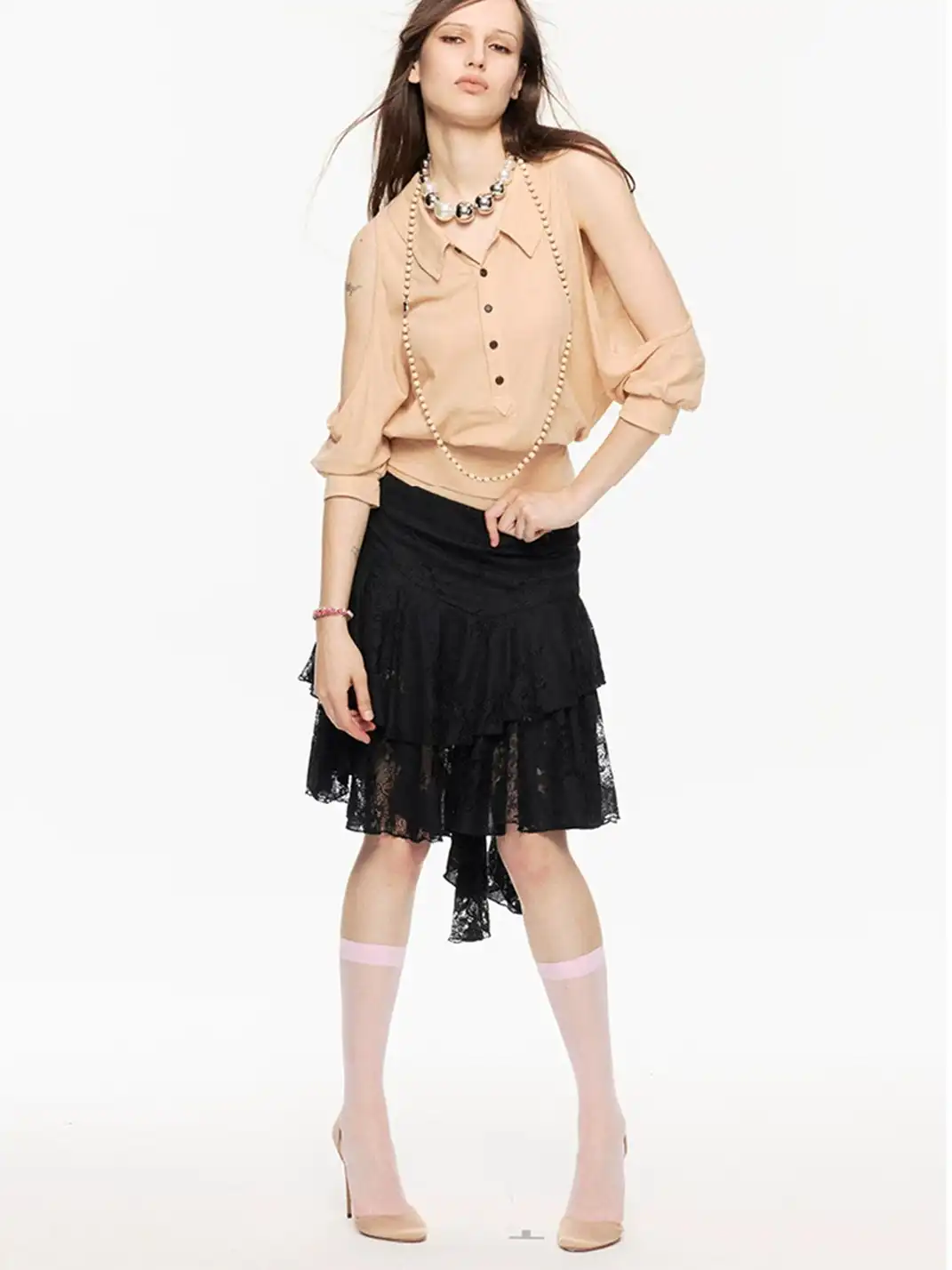 High river | Irregular Ruffle Layered Lace Low-Waist Skirt