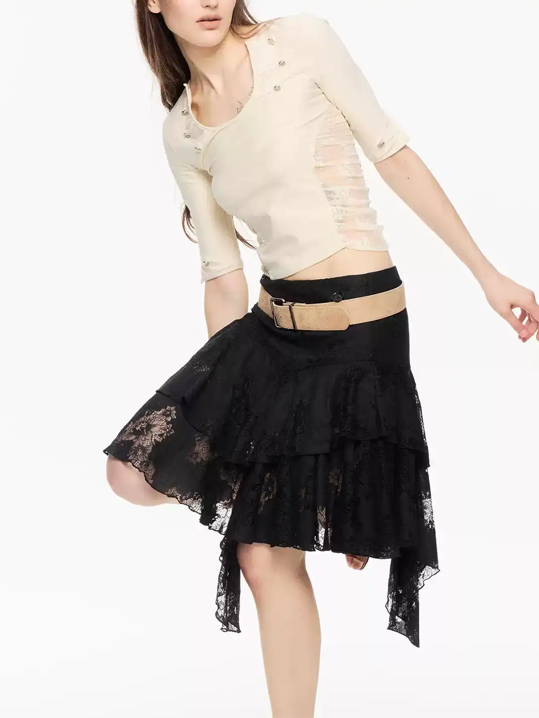 High river | Irregular Ruffle Layered Lace Low-Waist Skirt