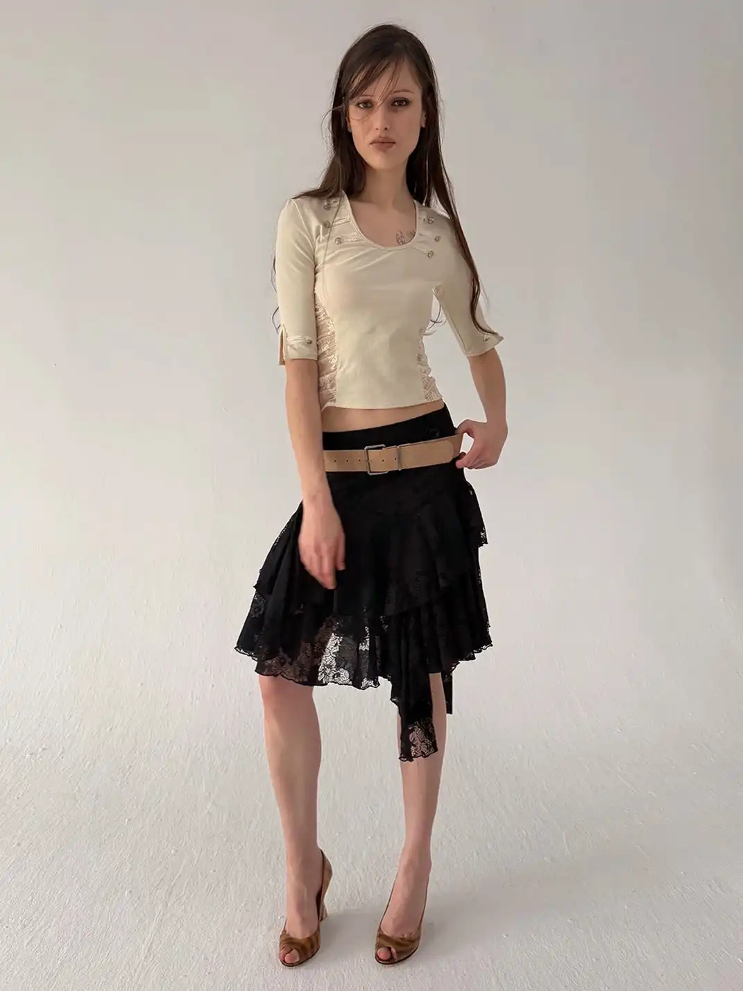 High river | Irregular Ruffle Layered Lace Low-Waist Skirt