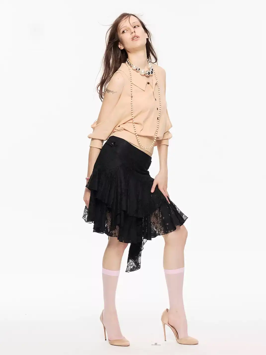 High river | Irregular Ruffle Layered Lace Low-Waist Skirt