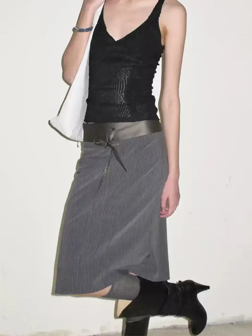 High river | Striped Faux Leather Waistband Skirt
