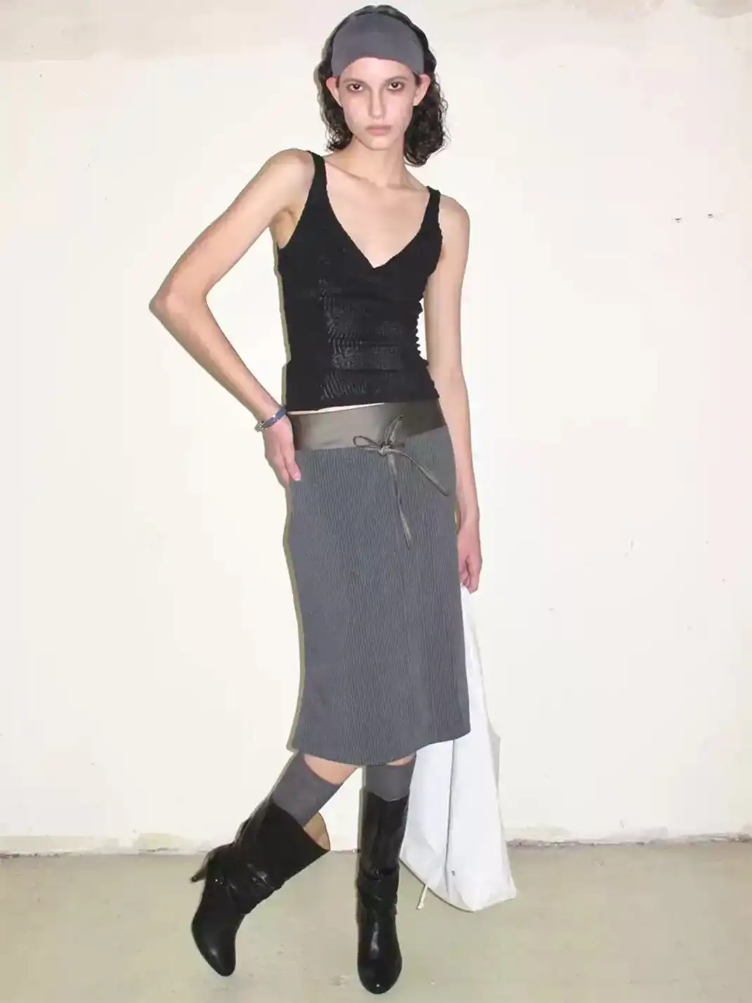 High river | Striped Faux Leather Waistband Skirt