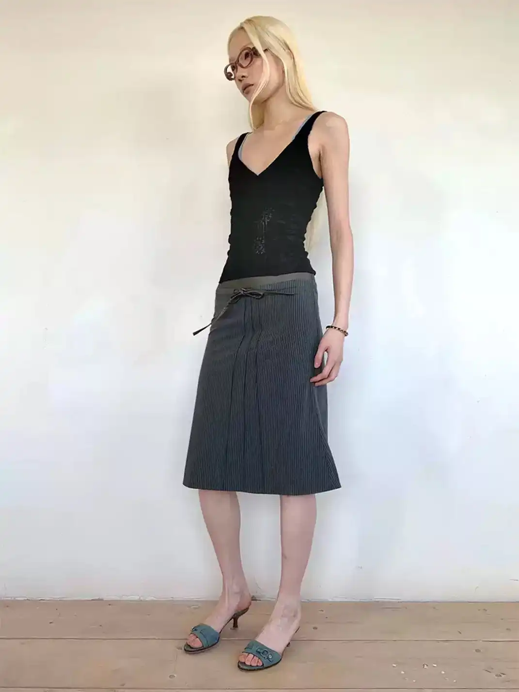 High river | Striped Faux Leather Waistband Skirt