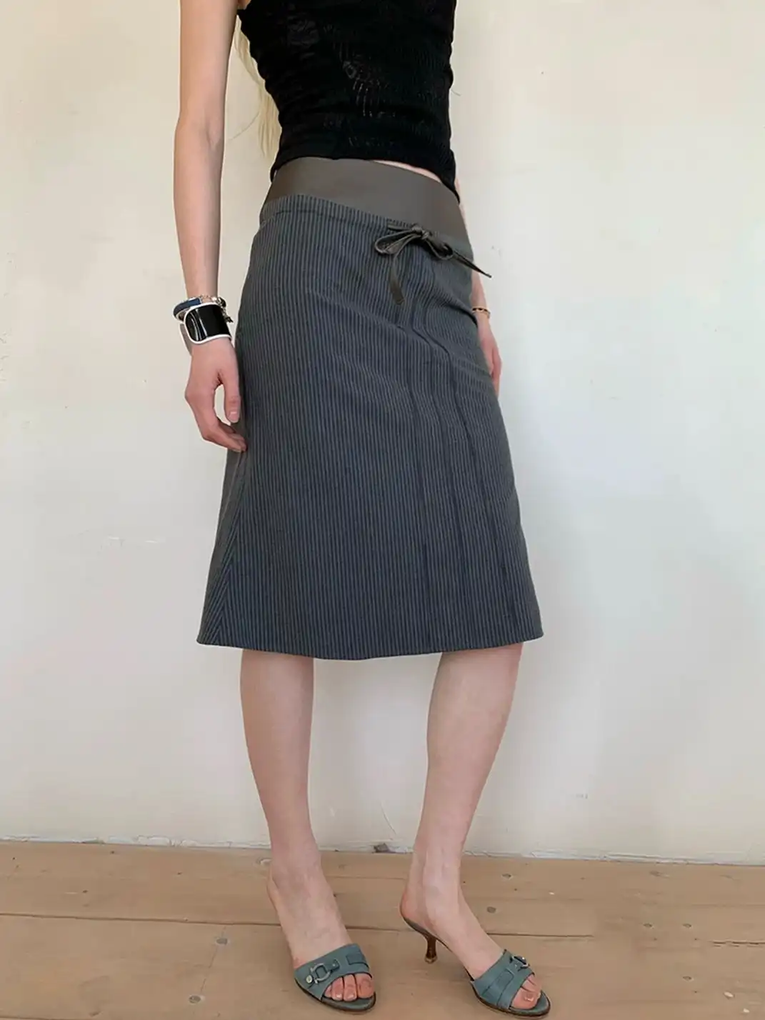 High river | Striped Faux Leather Waistband Skirt