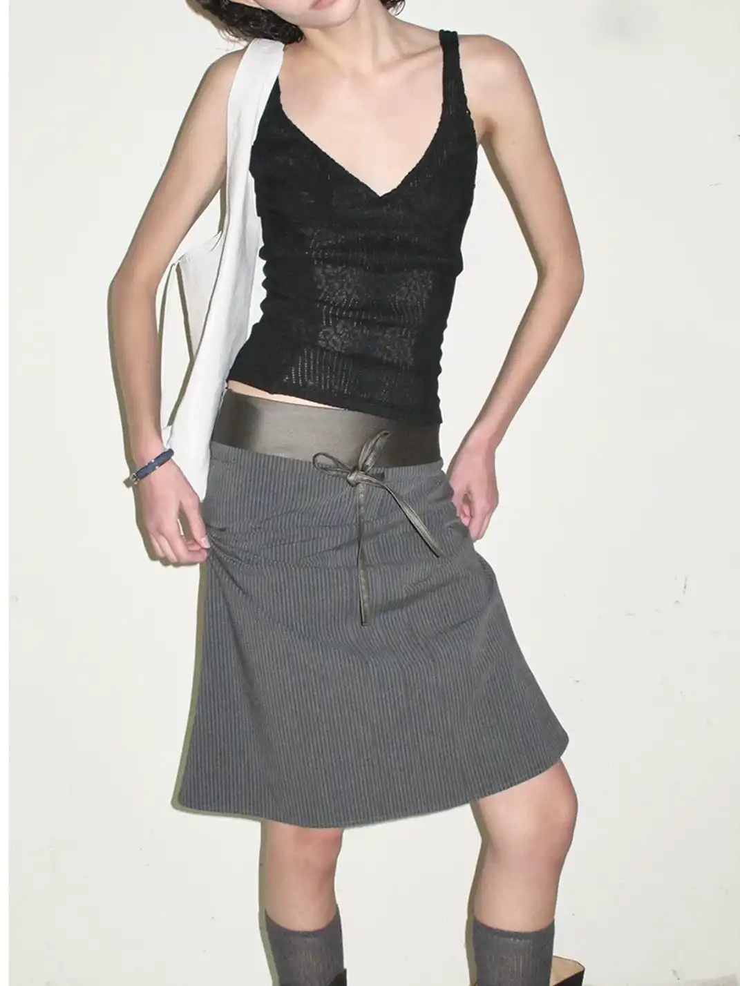 High river | Striped Faux Leather Waistband Skirt