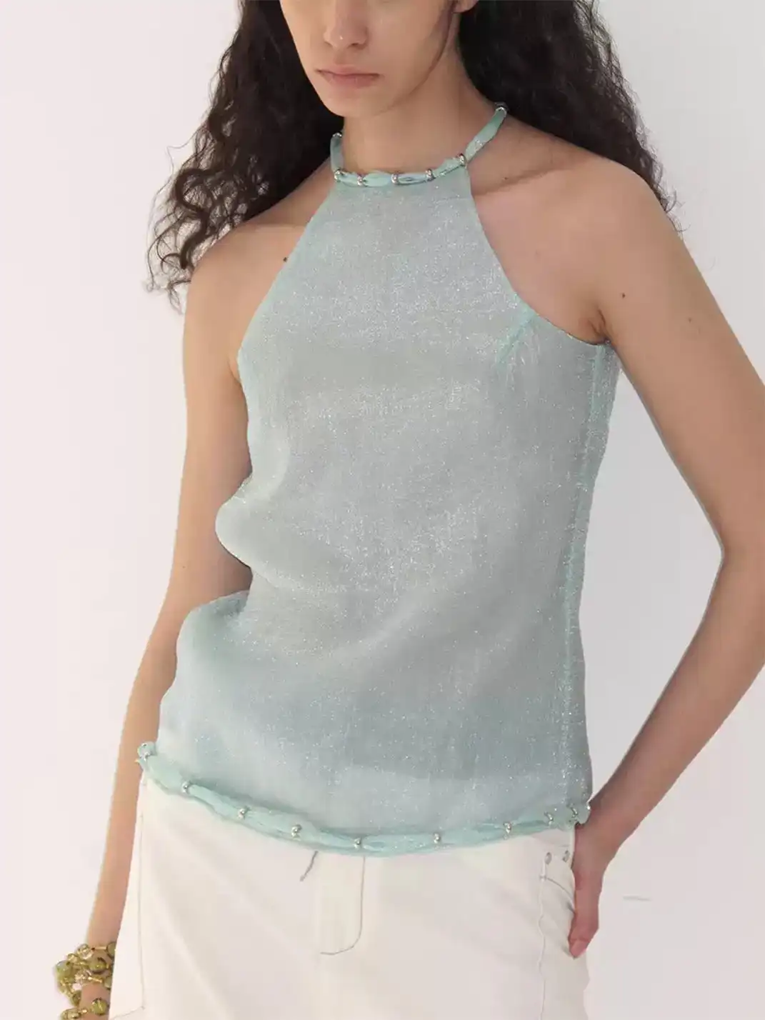High river | Beaded Neckline Sleeveless Top