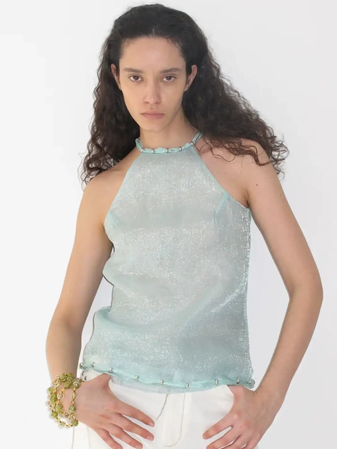 High river | Beaded Neckline Sleeveless Top