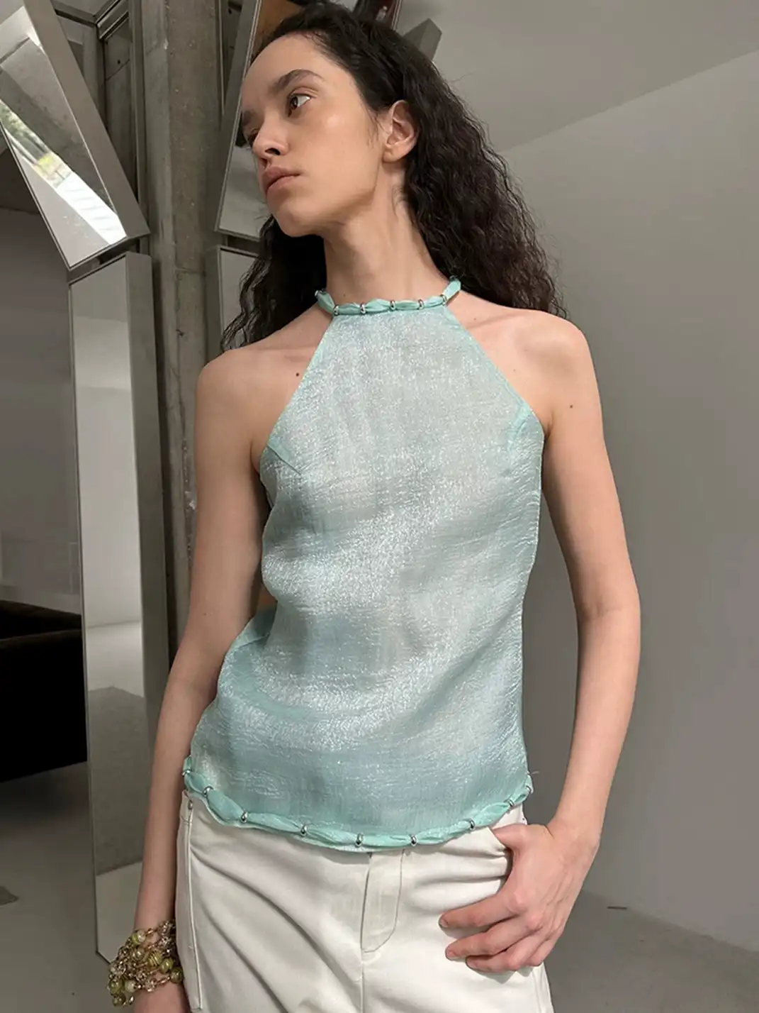 High river | Beaded Neckline Sleeveless Top