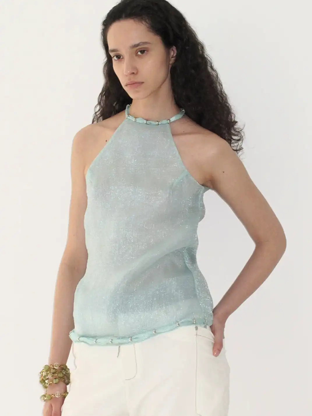 High river | Beaded Neckline Sleeveless Top