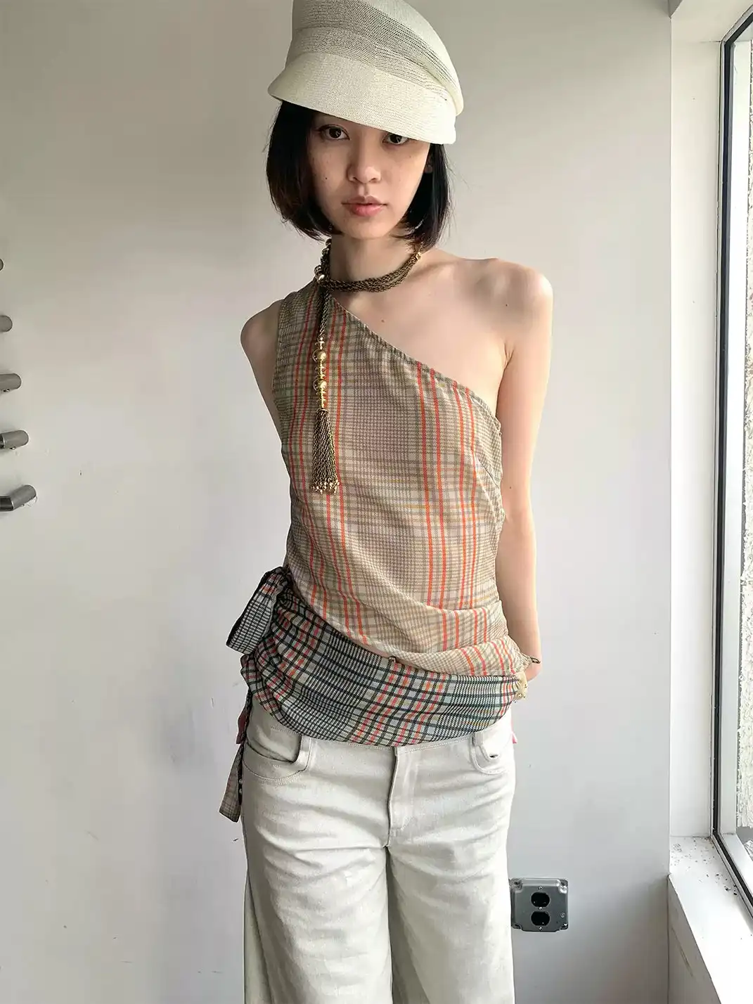 High river | Plaid Two-Way Off-Shoulder Top