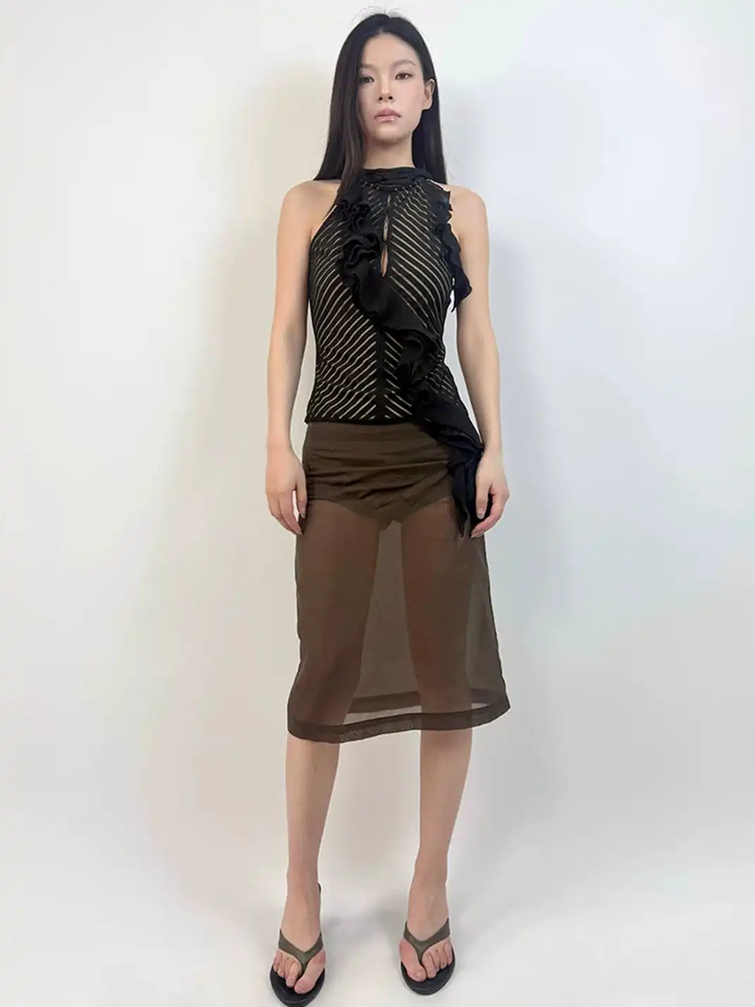 High river |  Striped Sleeveless Tiered Ruffle Waist Top