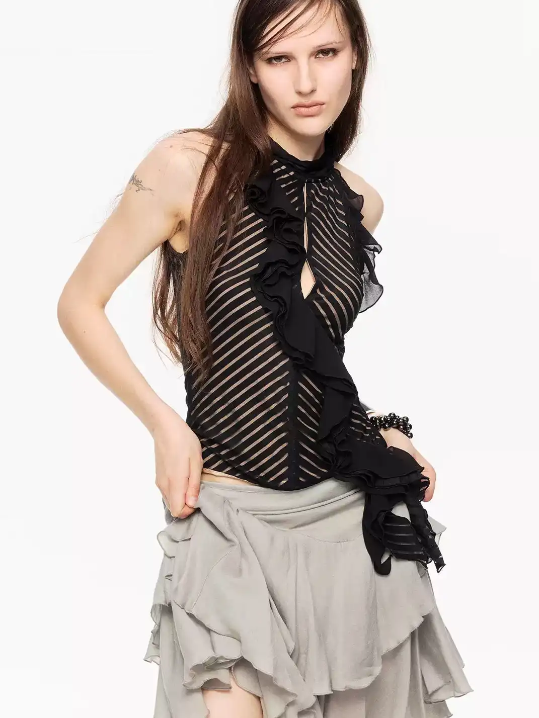 High river |  Striped Sleeveless Tiered Ruffle Waist Top