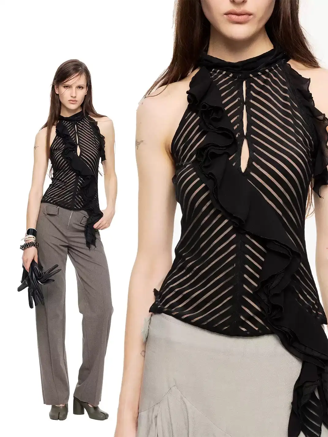 High river |  Striped Sleeveless Tiered Ruffle Waist Top