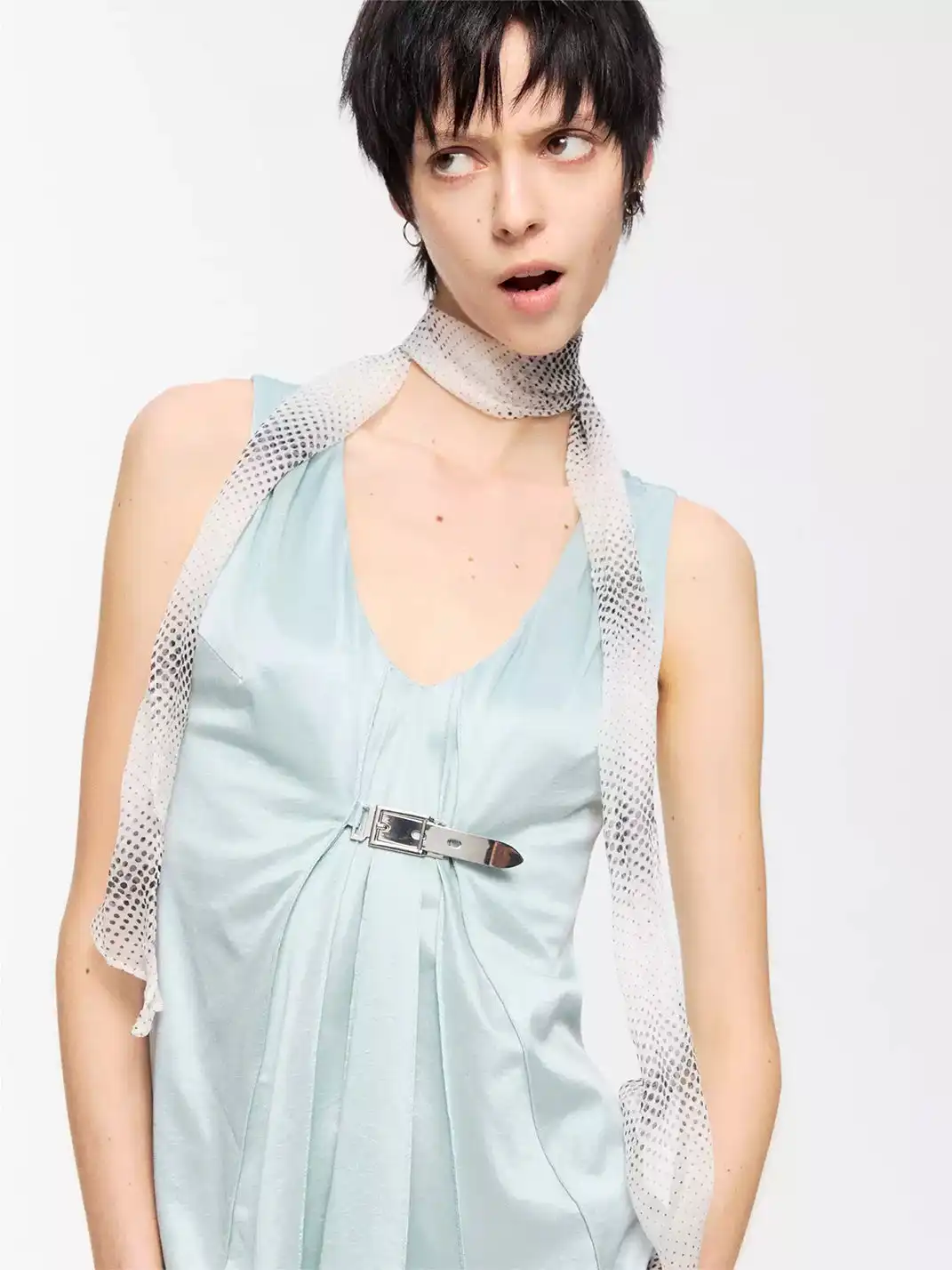 High river | Metal Buckle Ruched Satin-Textured Knit V-Neck Vest