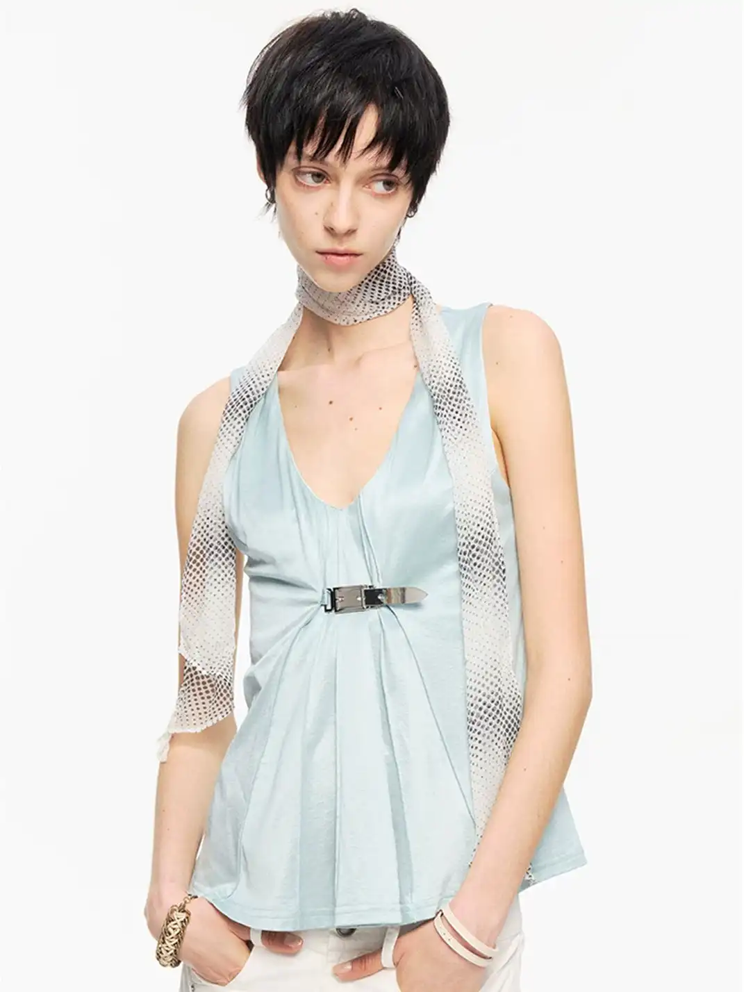 High river | Metal Buckle Ruched Satin-Textured Knit V-Neck Vest