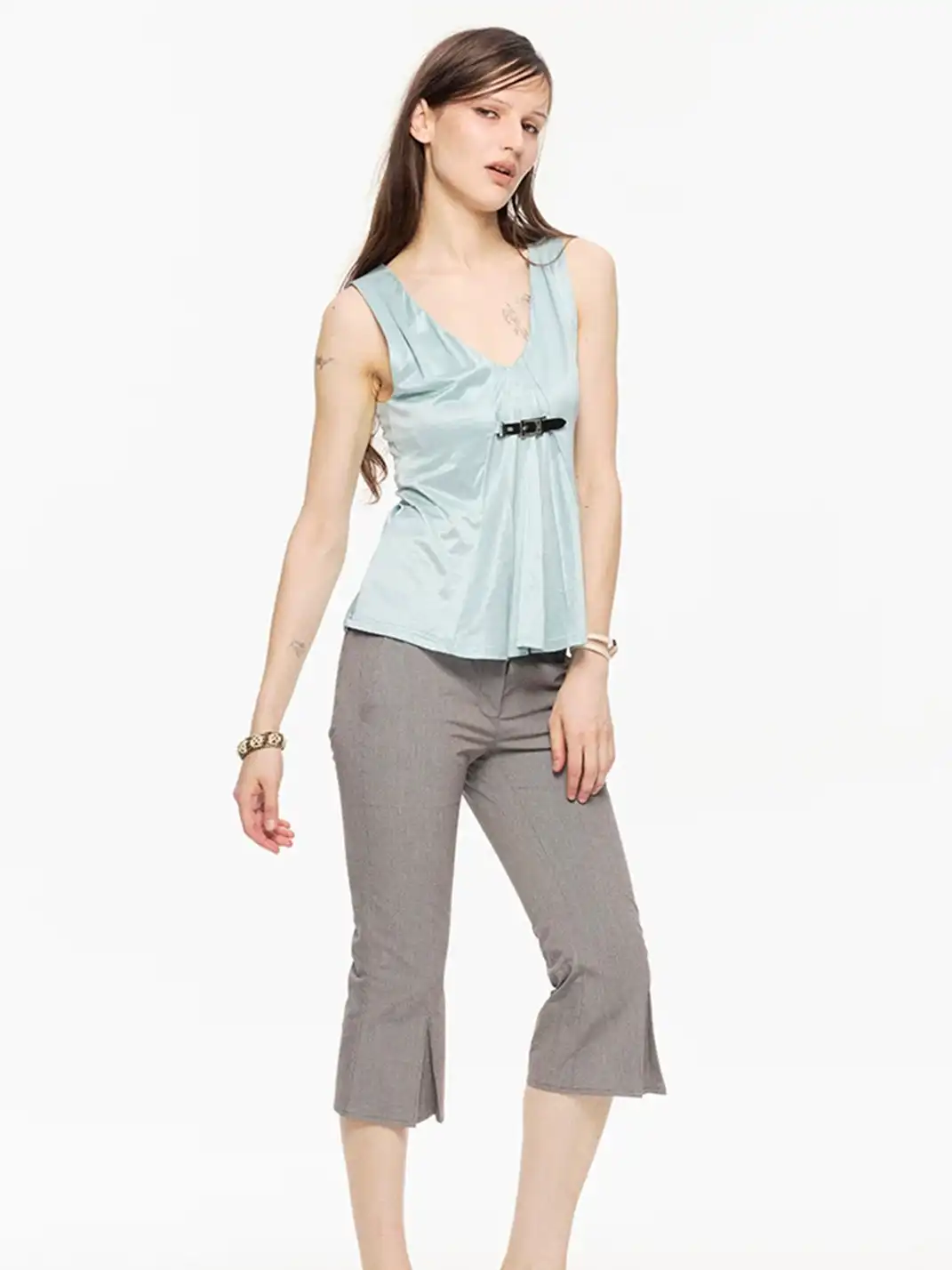 High river | Metal Buckle Ruched Satin-Textured Knit V-Neck Vest