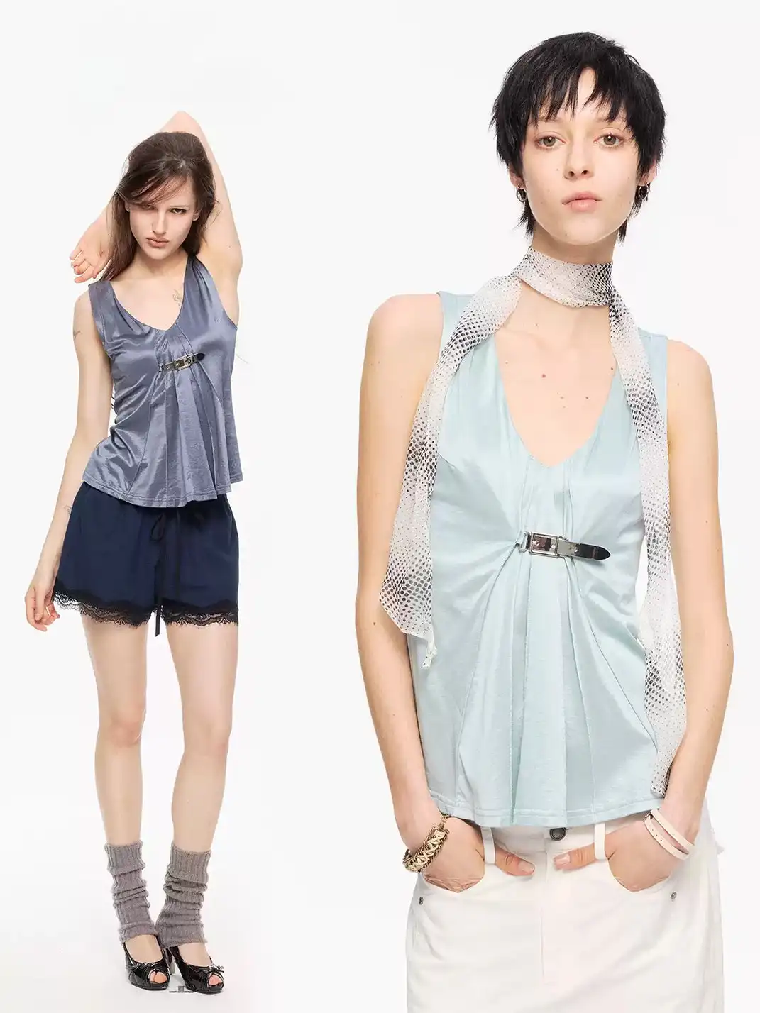 High river | Metal Buckle Ruched Satin-Textured Knit V-Neck Vest
